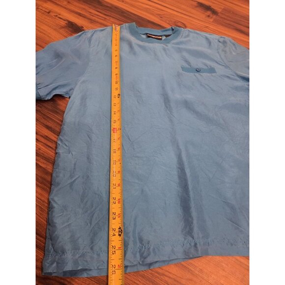 100% Silk Diane Gilman T-Shirt Blue Luxury Basic Pocket Tee Women’s Medium - Picture 3 of 8